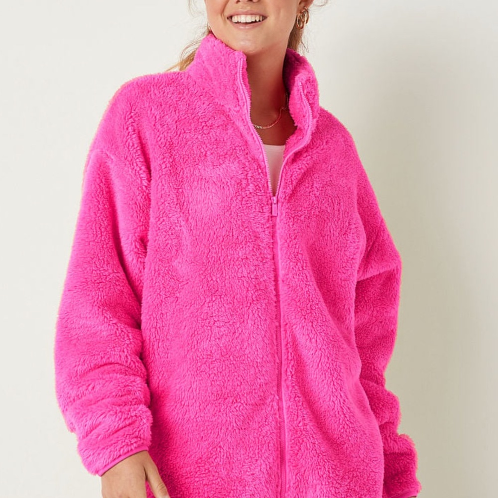 NWT VS ATOMIC PINK Teddy Full Zip Jacket Barbie Pink Victorias Secret
